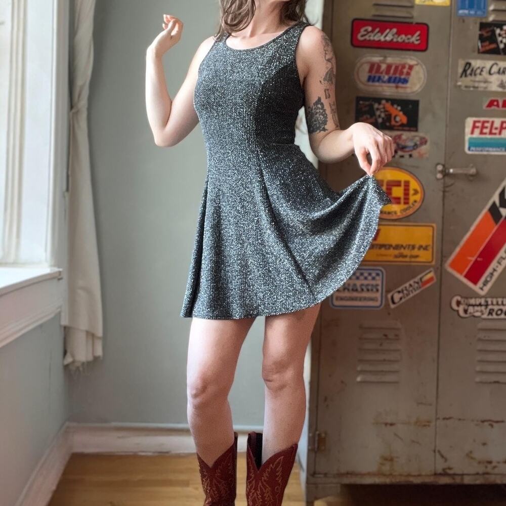 Vintage 90s Lurex Mini Dress | Black Silver Metallic Knit | XS/S